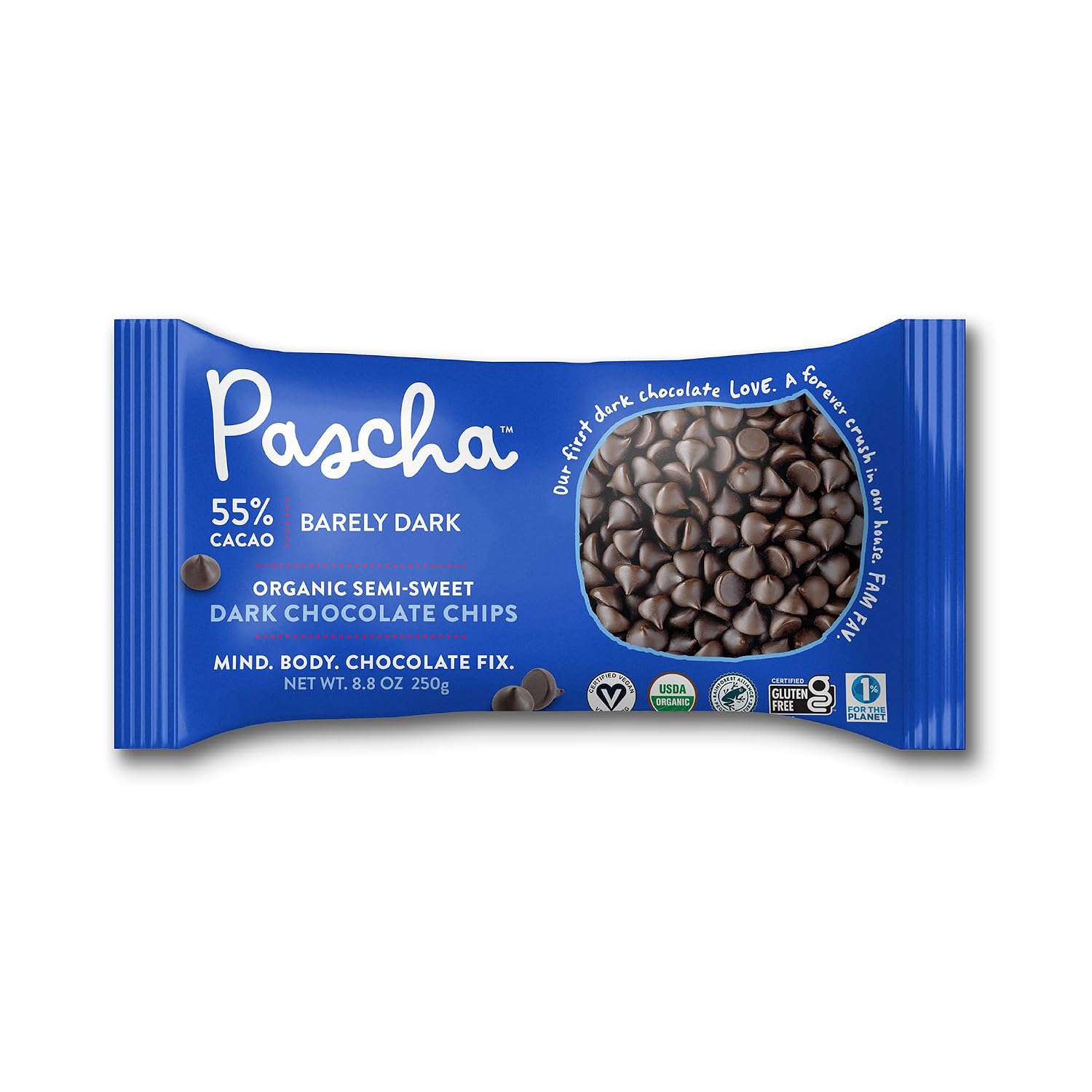 Pascha Organic 55% Cacao Semi-Sweet Dark Chocolate Chips - Bulk Baking Chips - Mild, Smooth Vegan Baking Chocolate - Allergen-Free & Plant-Based - Rainforest Alliance Certified, (Pack of 6)