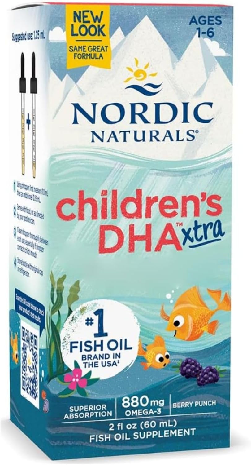 Nordic Naturals Omega 3 Children's DHA Xtra, 880mg Kids Omega 3 Fish Oil for Kids, with EPA and DHA, 60ml, Lab-Tested, Vegetarian, SOYA Free, Gluten Free