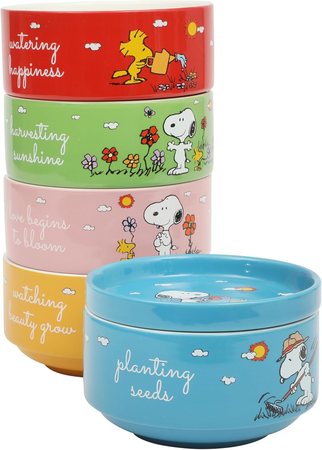 Peanuts Snoopy 6 Pack Stackable 5.5" Decorated Stoneware Bowl Set W/Plate