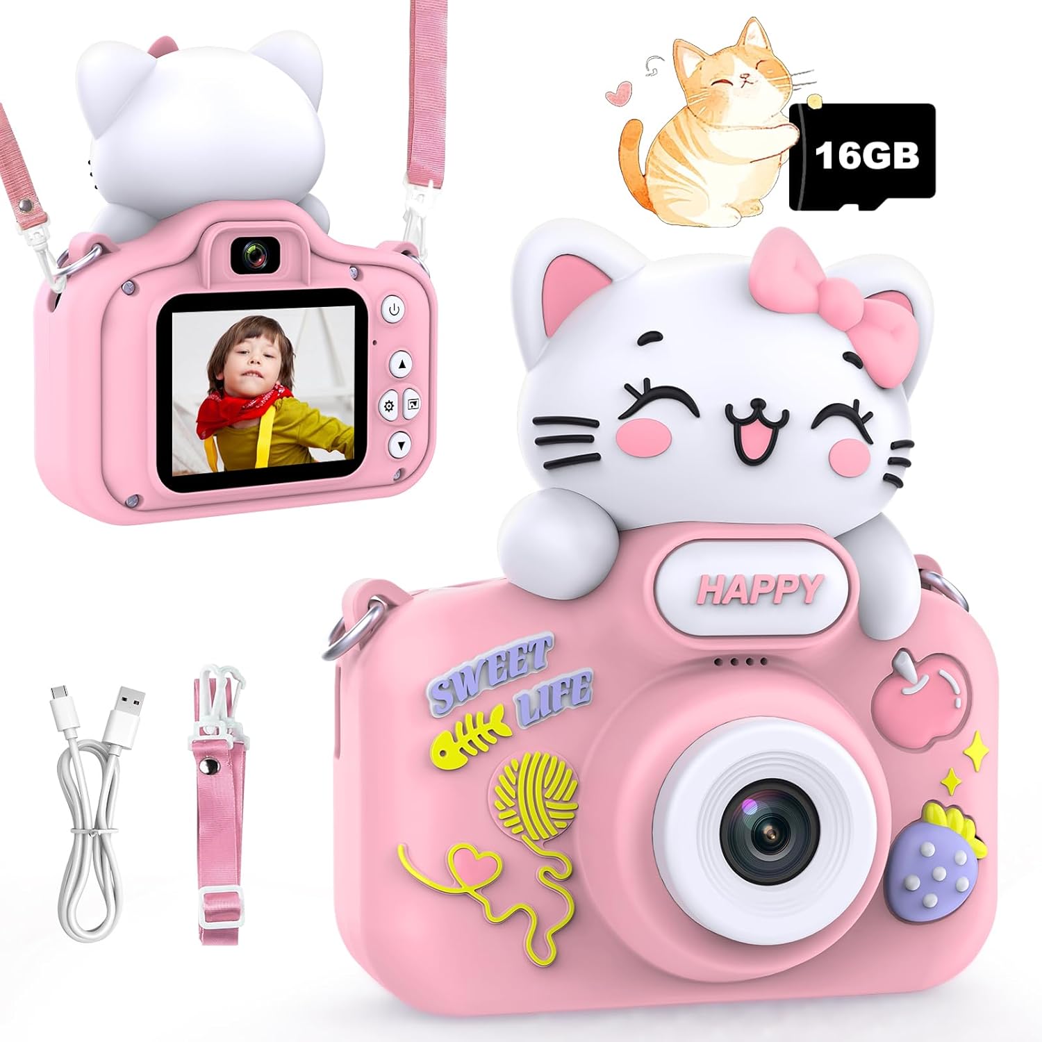 Kids Camera for Girls and Boys Ages 3-8,1080P 8X Digital Zoom Toddler Camera for Chritmas Birthday Festival Gifts,48MP Dual Lens Selfie Digital Camera with 16GB TF Card & Silicone Case
