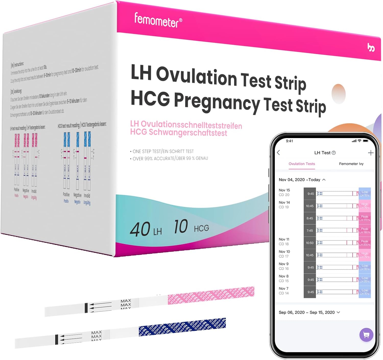 femometer Home 40 x Ovulation Test Strips and 10 x Pregnancy Test Strips, LH & HCG Test Kit - Know Your Peak Fertility Days, Help You Get Pregnant - Over 99% Accurate, Easy to Use