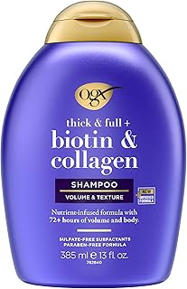 OGX Thick & Full + Biotin & Collagen Volumizing Shampoo, Nutrient-Infused Hair Shampoo with Vitamin B7 Biotin Gives Hair Volume & Body for 72+ Hours, Sulfate-Free Surfactants, 13 fl. oz