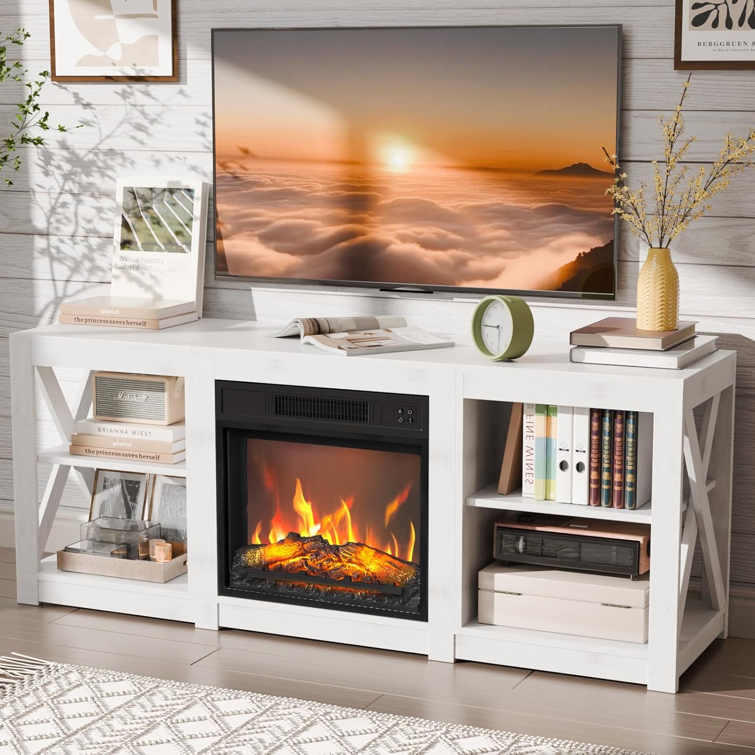 VINGLI Fireplace TV Stand for TVs up to 70'', Media Entertainment Center Console Table with Adjustable Shelves, Farmhouse Fireplace Entertainment Center, White