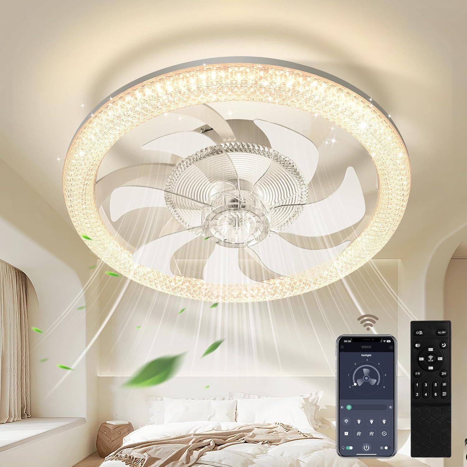 Hondony 48cm White LED Ceiling Fan with Dimmable Light – 6-Speed, Reversible Remote Control, Modern & Quiet Design for Bedrooms & Living Rooms
