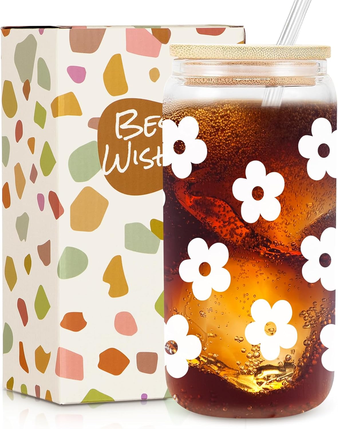 Daisy Glass Cup with Lid & Straw, Cute Daisy Gifts for Friends Female, Best Friend Birthday Gifts, Iced Coffee Glass, Aesthetic Cups, Floral Cup, 16oz