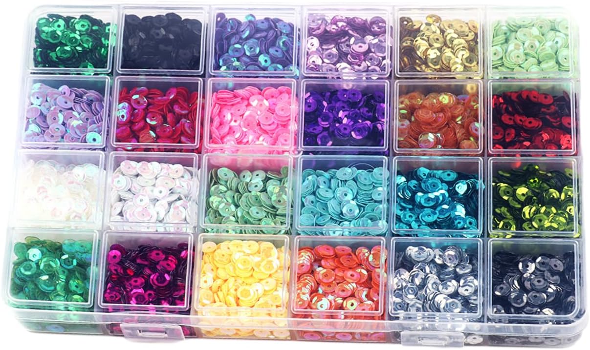 200g Bulk Sequins, 5mm Round Embroidered Sequins, Perforated Bulk PVC Sequins, Suitable for DIY Crafts, Clothing, Jewelry (24 Colors)