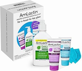 AmLactin Award-Winning Essentials Skin Care Set - Daily Nourish 12% Lotion, Ultra Smoothing Cream, Foot Repair Cream & Moisturizing Socks - Lactic Acid Moisturizer Gift Set for Whole-Body Skin Renewal