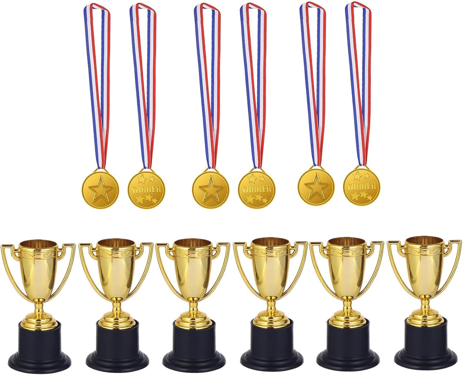 12 PCS Mini Trophies, Medals, Trophy Cup, Mini Trophies and Golden Plastic Winner Medals With Ribbon Necklace Medals Set - Perfect for Competitions, Sports, and Party Rewards