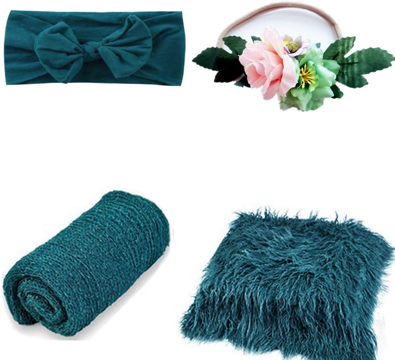 SPOKKI 4 Pcs Newborn Photography Props Outfits- Baby Dark Green Long Ripple Wrap and Toddler Swaddle Blankets Photography Mat with Cute Headbands for Infant Boys Girls(0-12 Months)