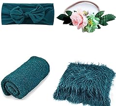 SPOKKI 4 Pcs Newborn Photography Props Outfits- Baby Dark Green Long Ripple Wrap and Toddler Swaddle Blankets Photography Mat with Cute Headbands for Infant Boys Girls(0-12 Months)