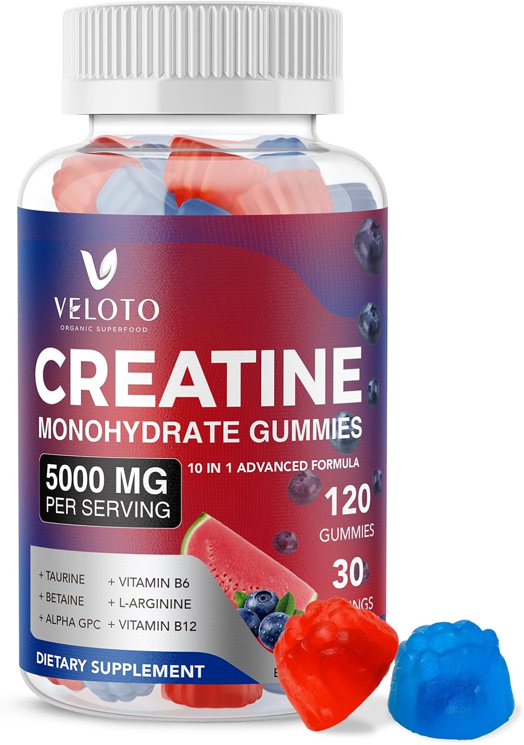 Creatine Monohydrate Gummies 5000mg, 10-in-1 Formula with Taurine, B12, B6 & Beetroot, Muscle Growth, Energy & Focus, Vegan Sugar-Free Pre Workout for Men & Women, 120 Blueberry & Watermelon Gummies