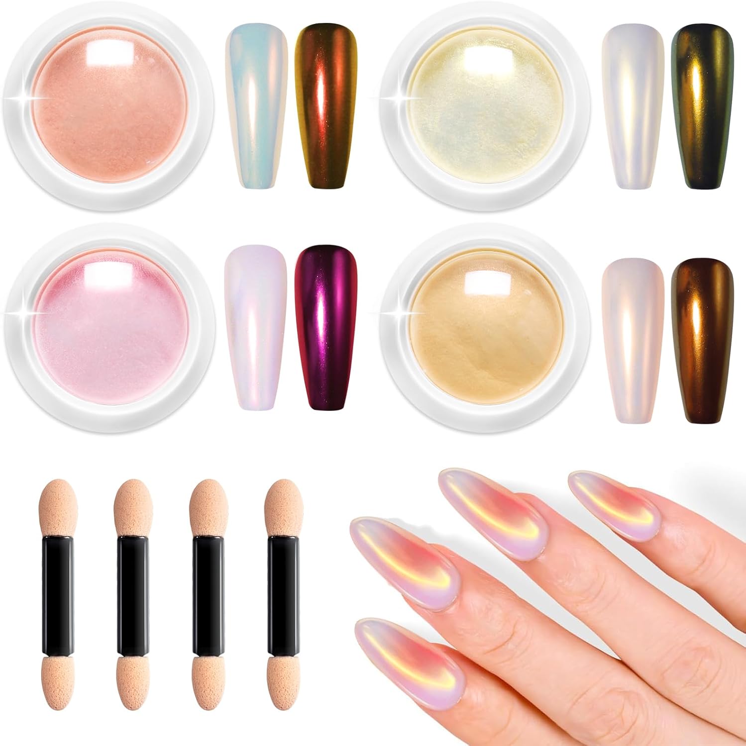 BISHENGYF Pearl Chrome Nail Powder - Super Sheer White Holo Glazed Donut Chrome Powder Set Clear Aurora Mermaid Nail Glitter Powder for Nail Art Design Decoration