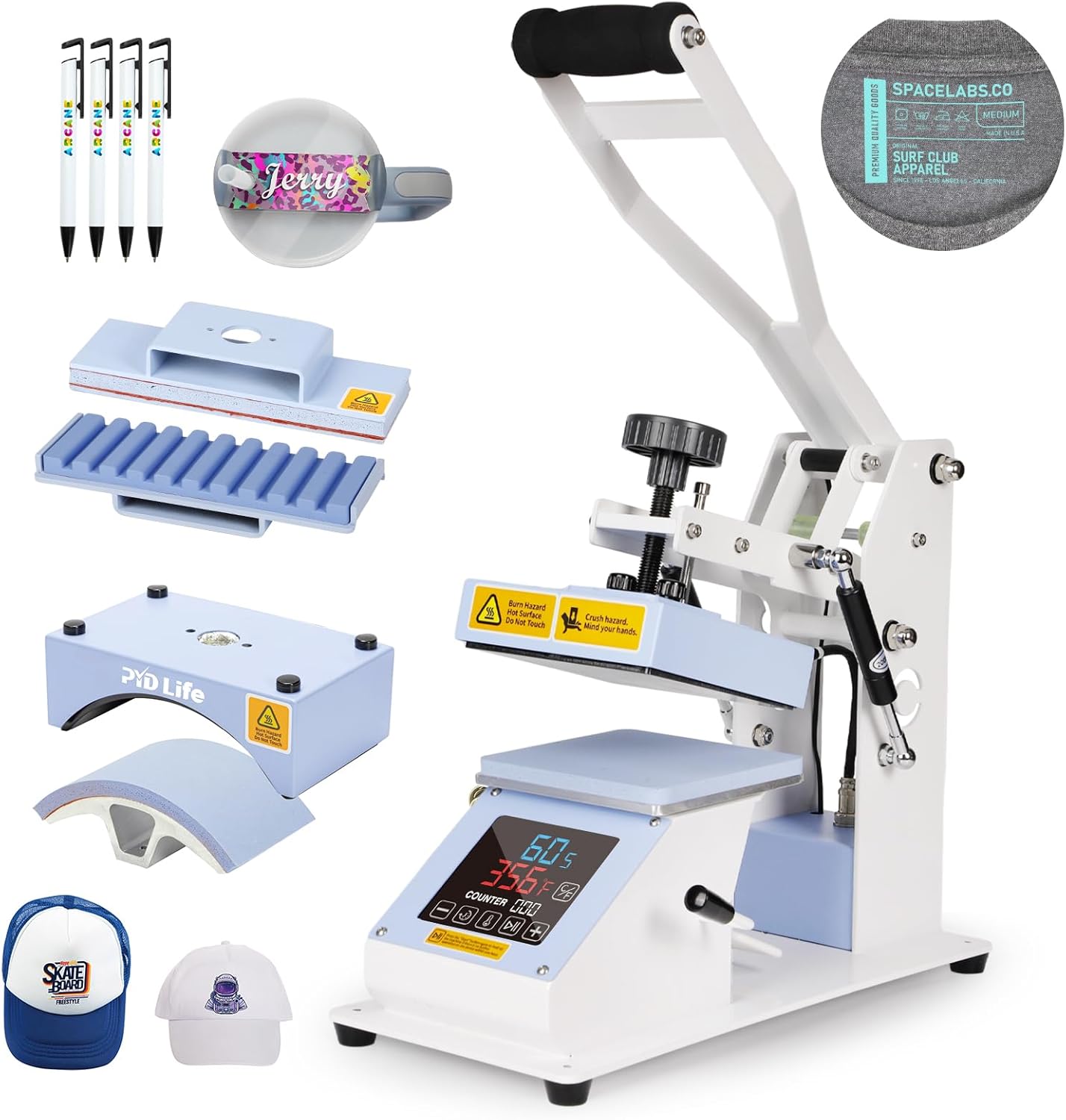 PYD Life 3 in 1 Mini Combo Heat Press Machine for Label Tag 5.8 x 5.8 Inch Light Blue 110 V Cap Hat Sublimation Pens Heat Press Machine