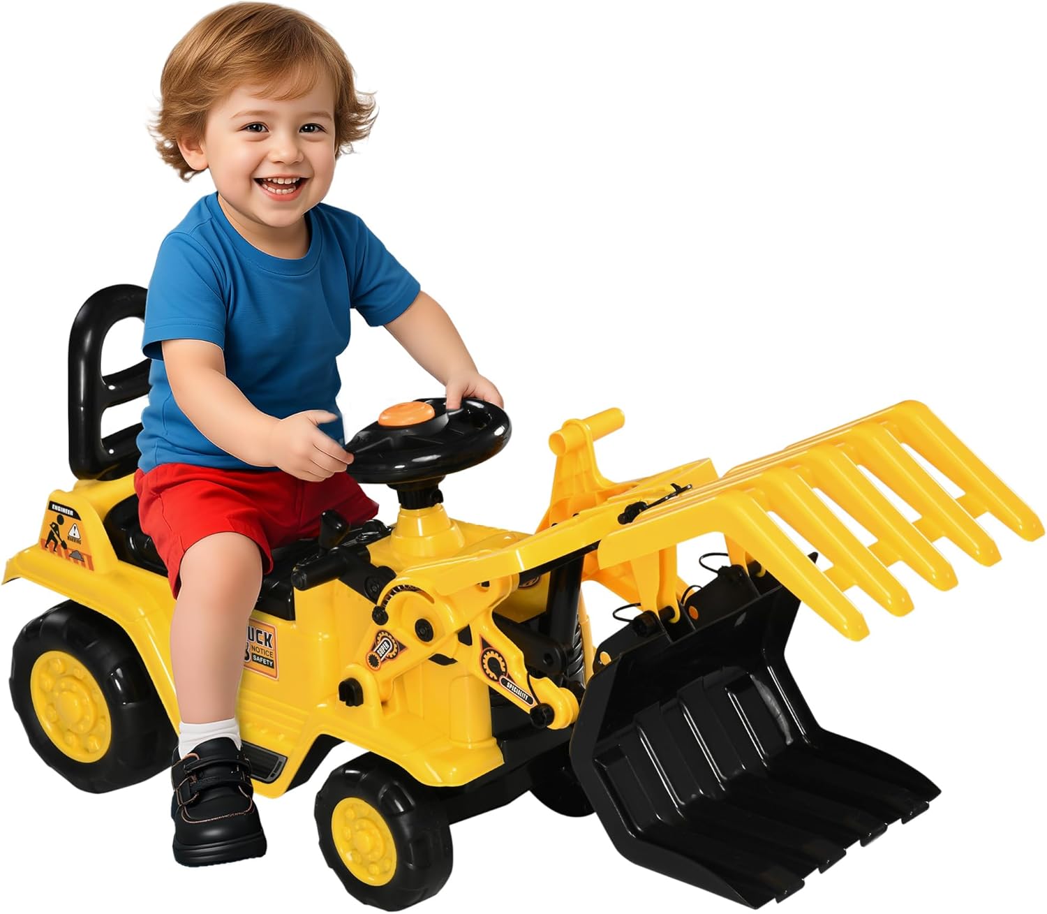 Aosom Kids Ride on Excavator Pulling Cart with Sound Effects, No Power Digger Scooter Ride-on Toy Construction Vehicle for Toddler or Preschool Age with Under-Seat Storage, Treaded Wheels