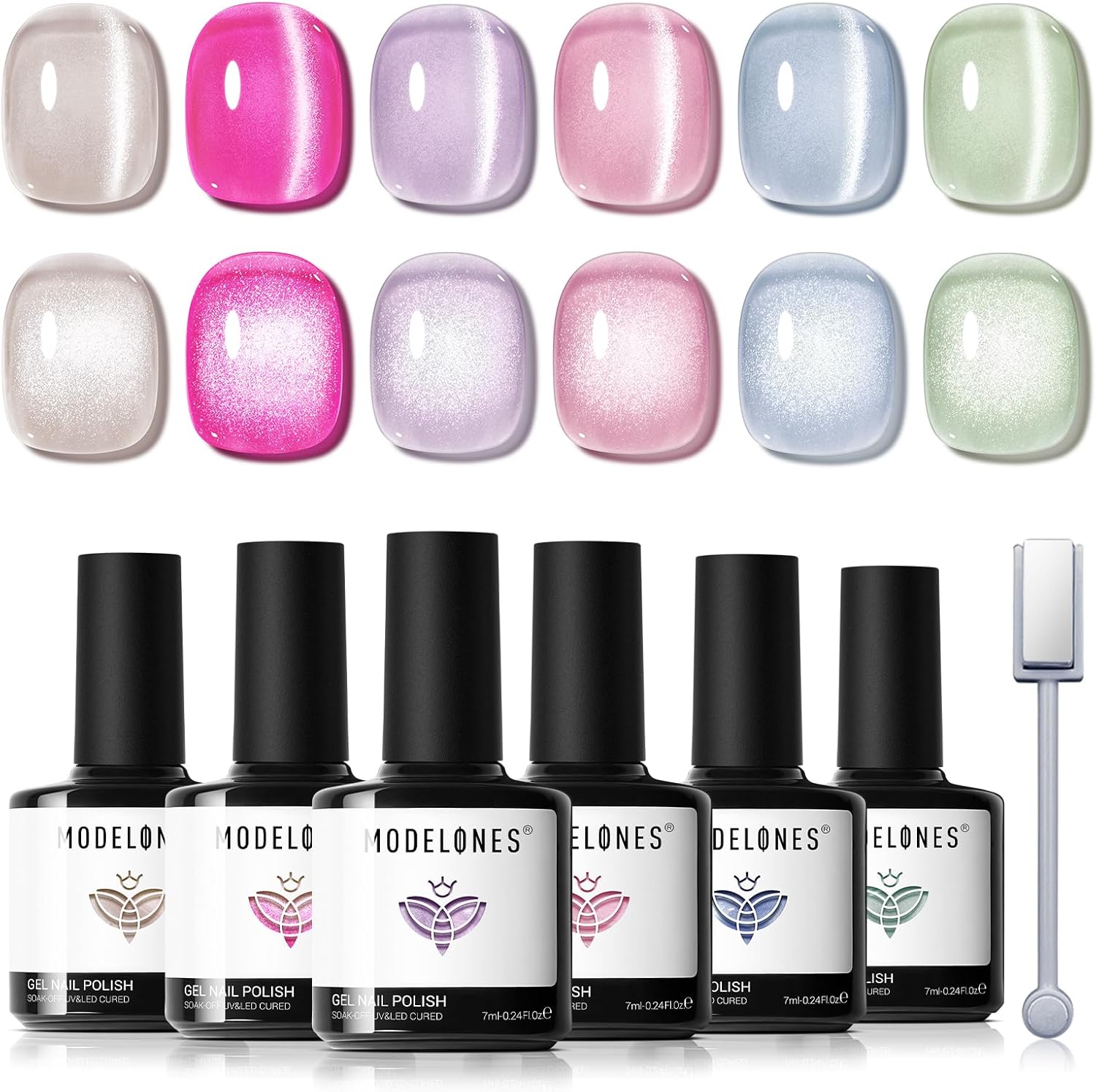 Modelones Cat Eye Gel Nail Polish 6 Colors Glitter Summer Pink Blue Green Gel Polish With Magnet Sparkle Translucent Pastel Nail Kit Soak OFF Nail Art Manicure Salon DIY Gift For Women
