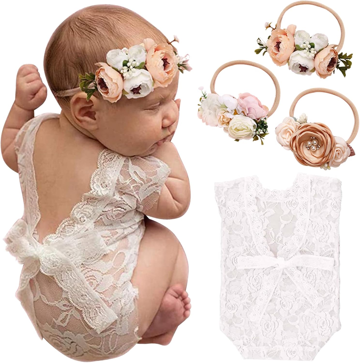 SPOKKI Newborn Baby Cute Lace Rompers Photography Props with Flower Headband Vest Floral Classic Outfits