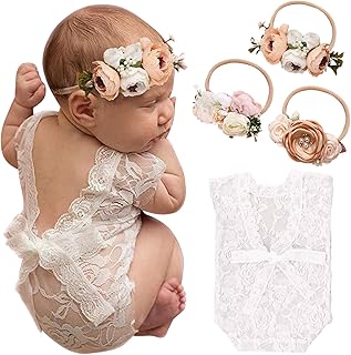 SPOKKI Newborn Baby Cute Lace Rompers Photography Props with Flower Headband Vest Floral Classic Outfits