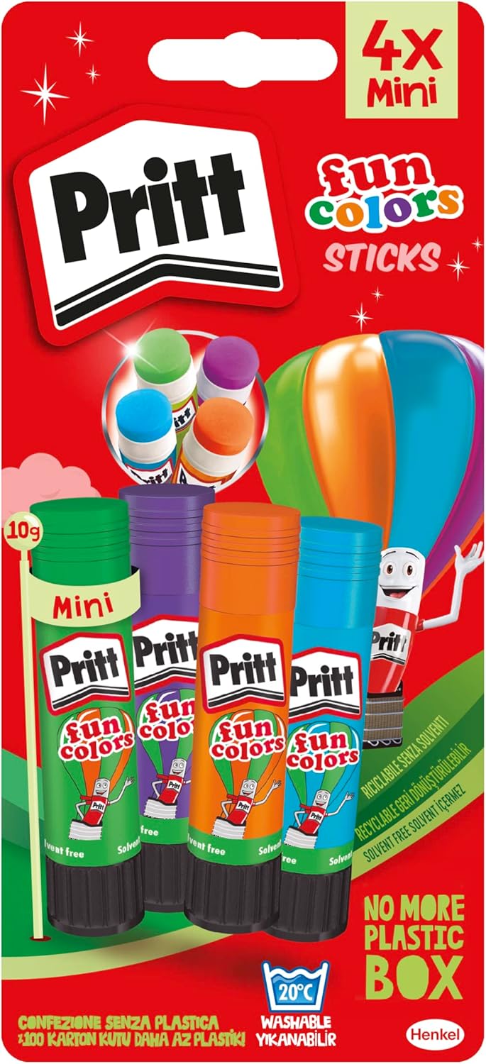 Pritt Rainbow Coloured Glue Sticks, Safe & Child-Friendly Craft Glue for Arts & Crafts Activities, Strong-Hold Kid's Glue Stick Set for School Supplies, 4x10 g Pritt Stick Blue, Green, Purple & Orange