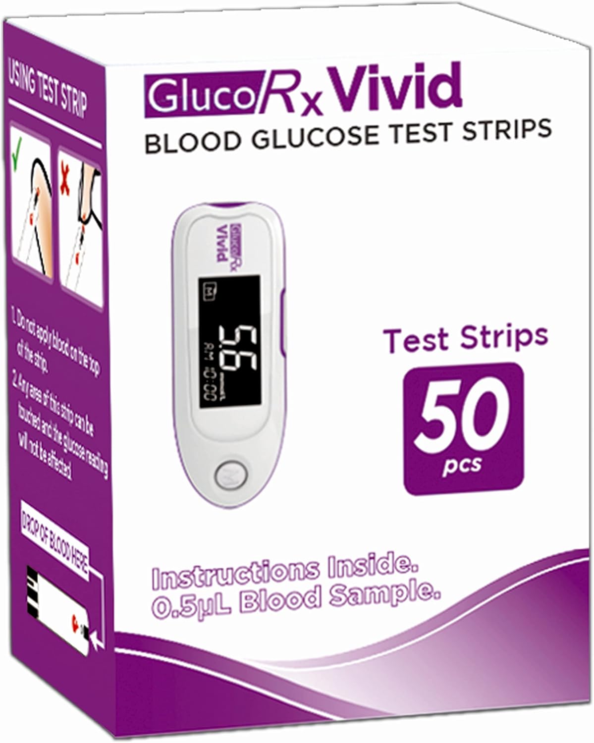GlucoRx Vivid Blood Glucose Test Strips (50 Pcs), Purple