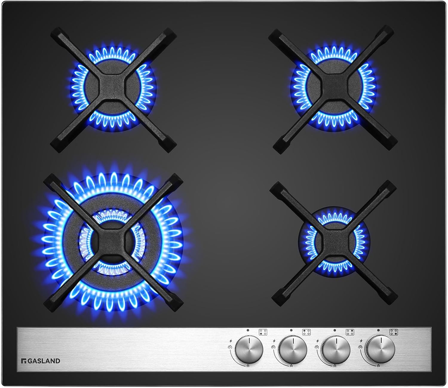 GASLAND GH6604BG1FC Glass Gas Hob, Built-in Glass Cooktop with 4 Burners, Gas Cooker with Wok Burner, 60 cm Black Glass Stove, Butane Gas Cooker 8000 W, LPG/NG