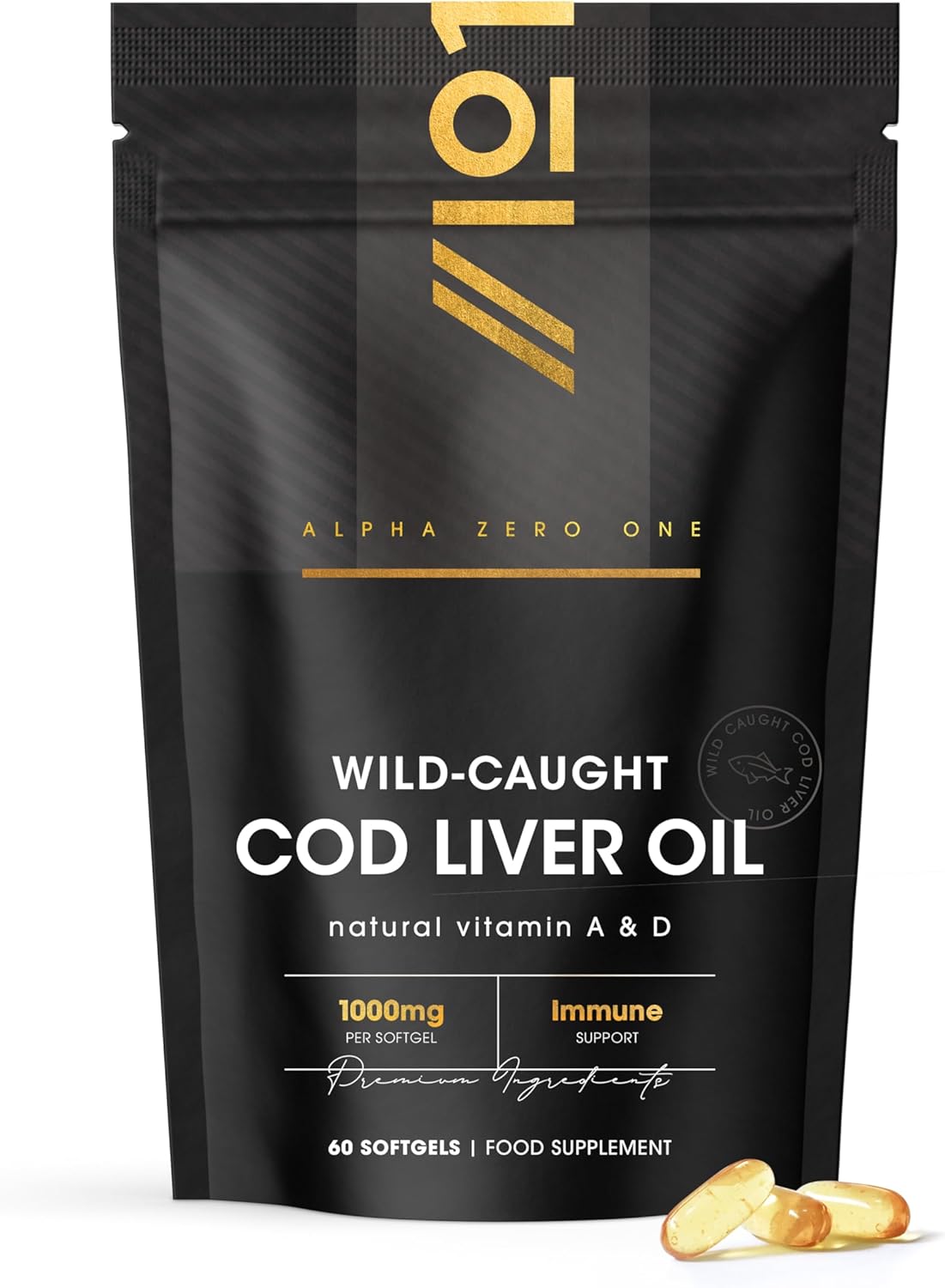 Cod Liver Oil 1000mg – 60 Softgels – Wild-Caught & Cold-Pressed - Source of Omega-3 Fatty Acids – Rich in Vitamins A & D3 – Immune Health + Vision Support – 2 Months Supply by Alpha01