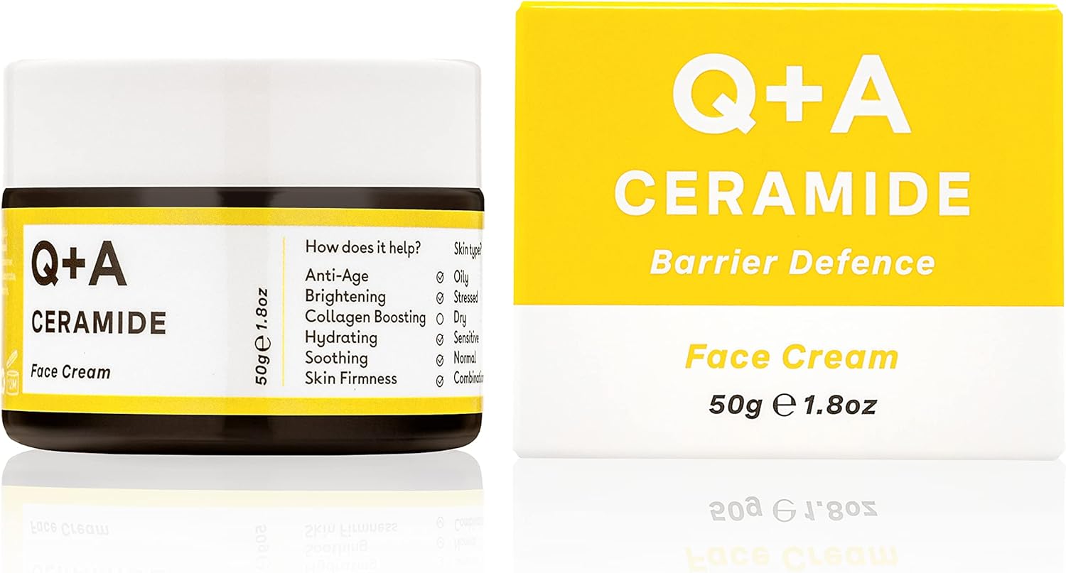 Q+A Ceramide Barrier Defence Face Cream (50g), Hydrating Moisturiser with Pineapple Ceramides, Pro Vitamin E and Squalane, Natural Face Care, Fragrance Free Skincare, Brightening Face Cream