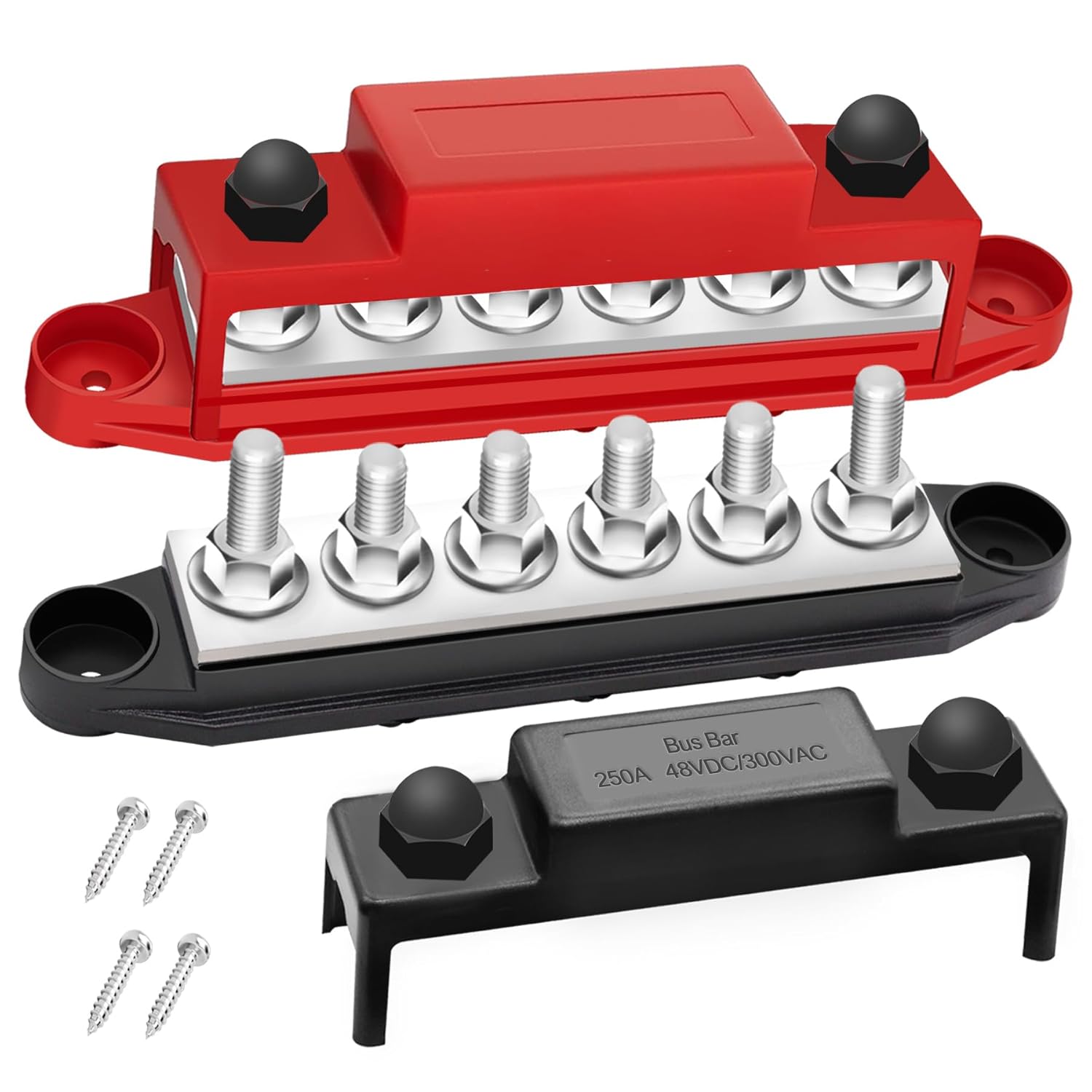 250A Bus Bar 12V Marine 1/4" Power Distribution Block Automotive Busbar Terminal Block,Battery Buss Bar (Pair, Red & Black) 6 x 1/4" Post Terminals