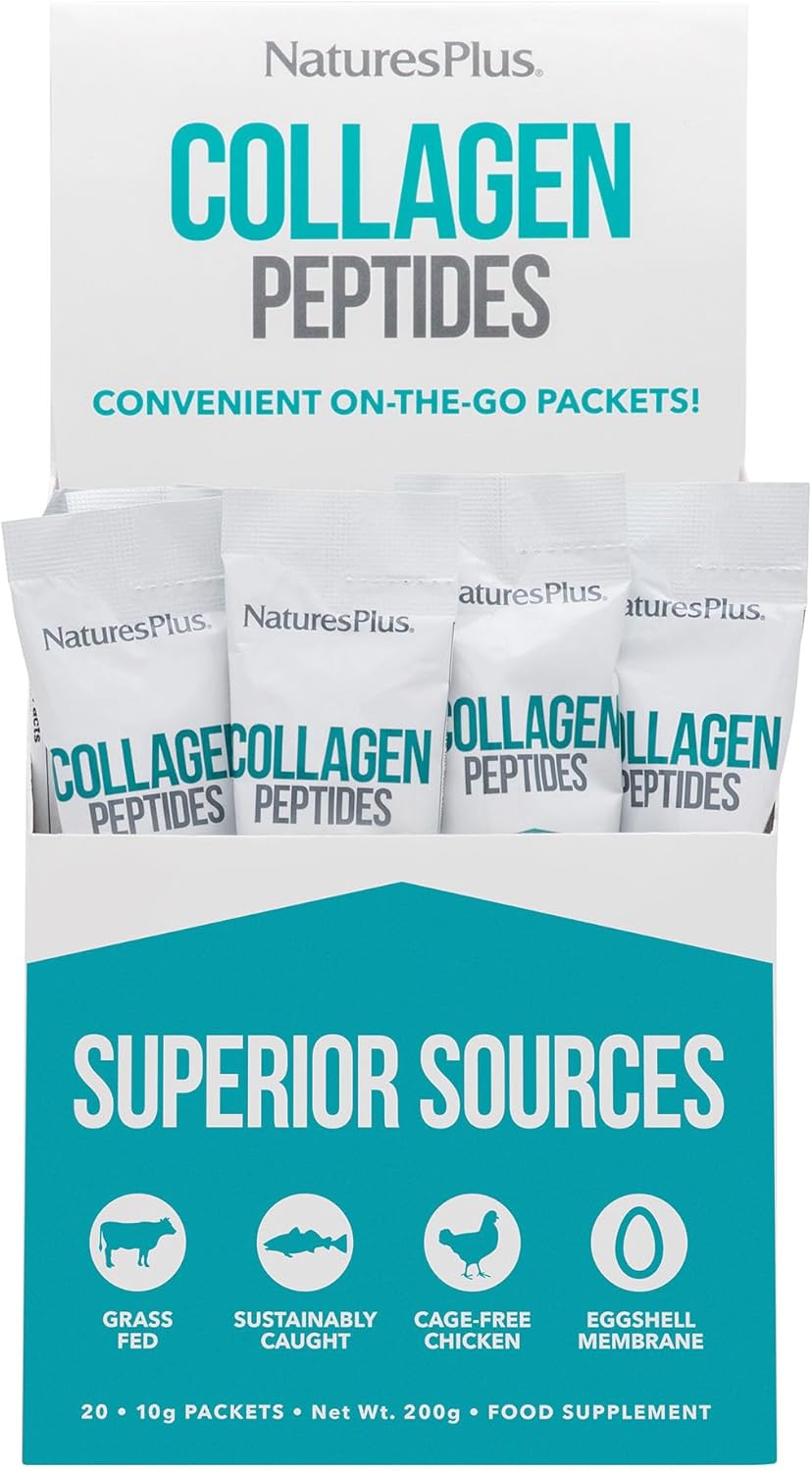 NaturesPlus Multi Collagen Peptides Powder - Ethically Sourced, 6 Types Hydrolysed Collagen Supplement with Vitamin C - Skin, Cartilage, Immune System Support - Gluten Free - 20 Stick Packets
