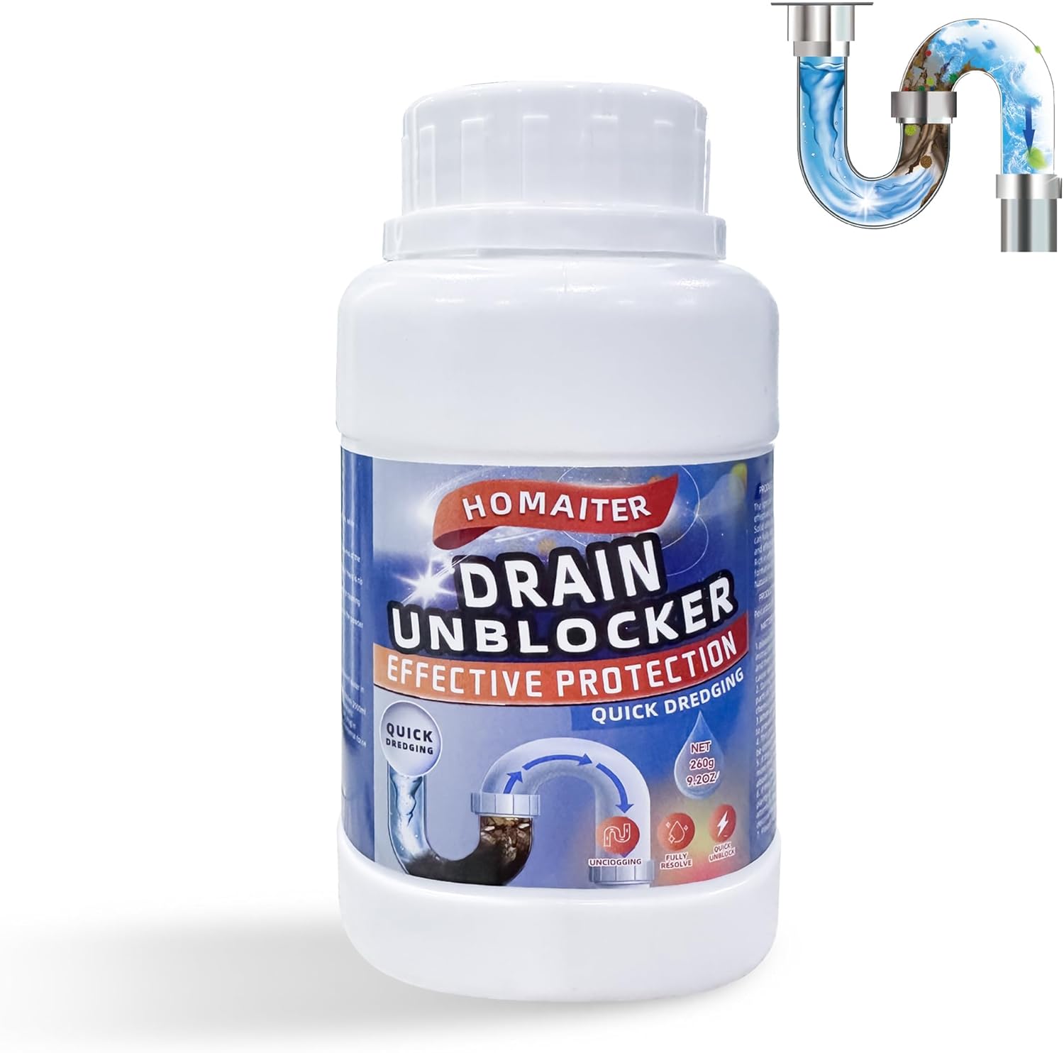 HOMAITER Drain Unblocker, Powerful Cleaner Formula, 260g, Removes Hair, Grease & Soap Scum, Safe for Pipes and Septic Systems