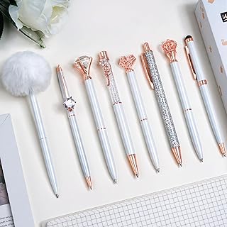 WEMATE 8Pcs Ballpoint Pens Set Metal Crystal Diamond Pen Glitter Pen for Journaling White Pen Bling in Black & Blue Ink Pretty Cute Pens Fancy Pens Gifts for Women Wedding School Office Desk(White)