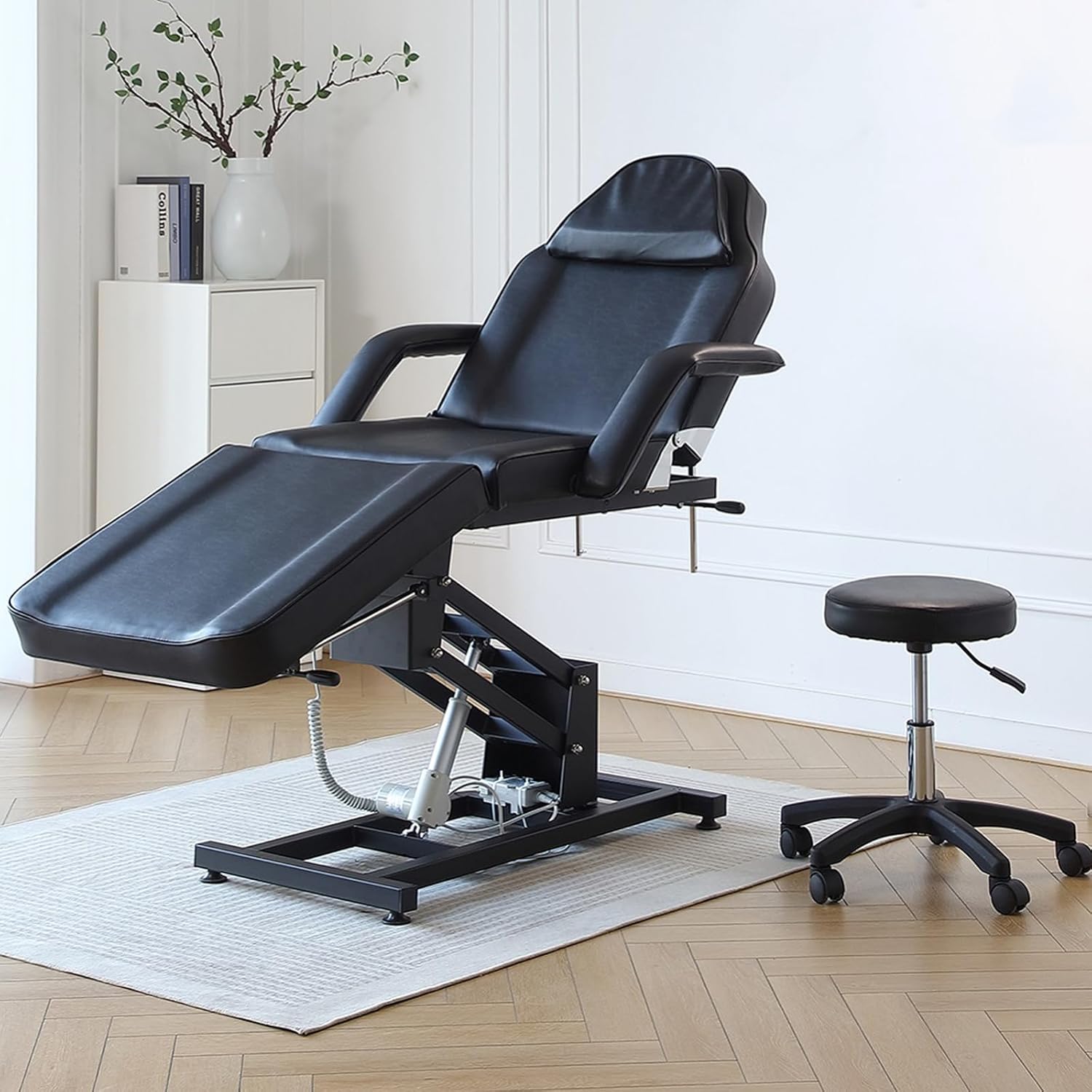 BSTSEL Electric Beauty Bed with Stool 3 Section Adjustable Massage Table And Stool Massage Tattoo Bed with Removable Armrests Headrest Salon Lash for Spa Salon (Black)