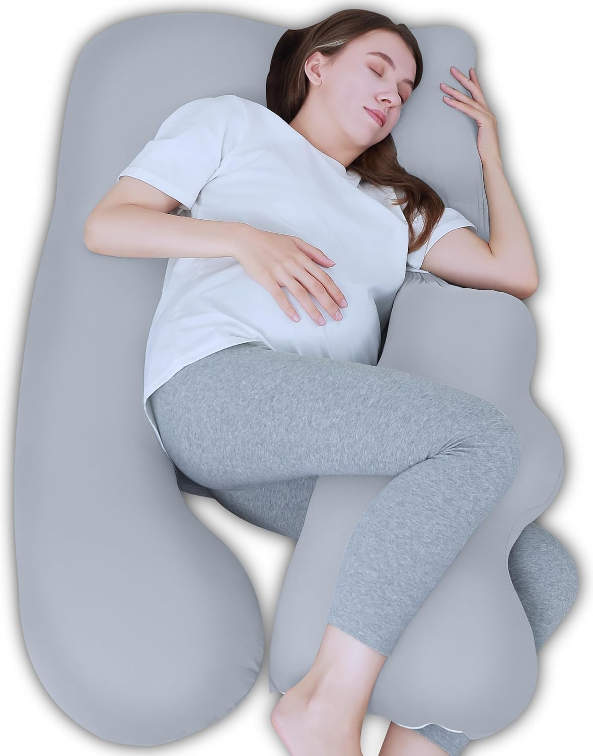 Pregnancy Pillows for Sleeping - Removable Cooling Cover J+i Shaped Full Body Pillow - Support for Back, Legs, Belly, HIPS - 57 Inch Maternity Pillow for Women - Light Grey