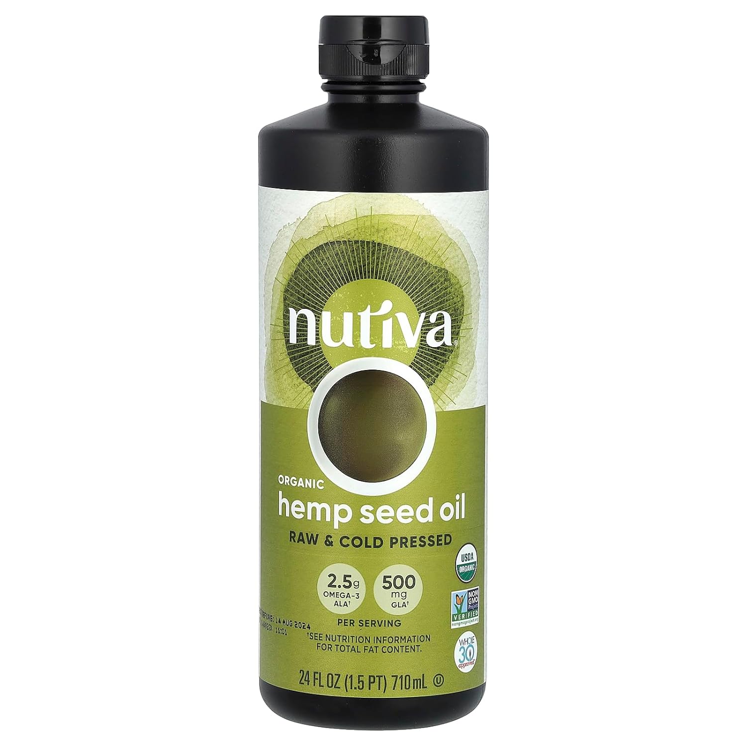 Nutiva Organic Cold-Pressed Unrefined Raw Hemp Seed Oil, 24 Ounce, USDA Organic, Non-GMO, Whole 30 Approved, Vegan, Gluten-Free & Keto, Rich In Omega 3 & 6 Fatty Acids