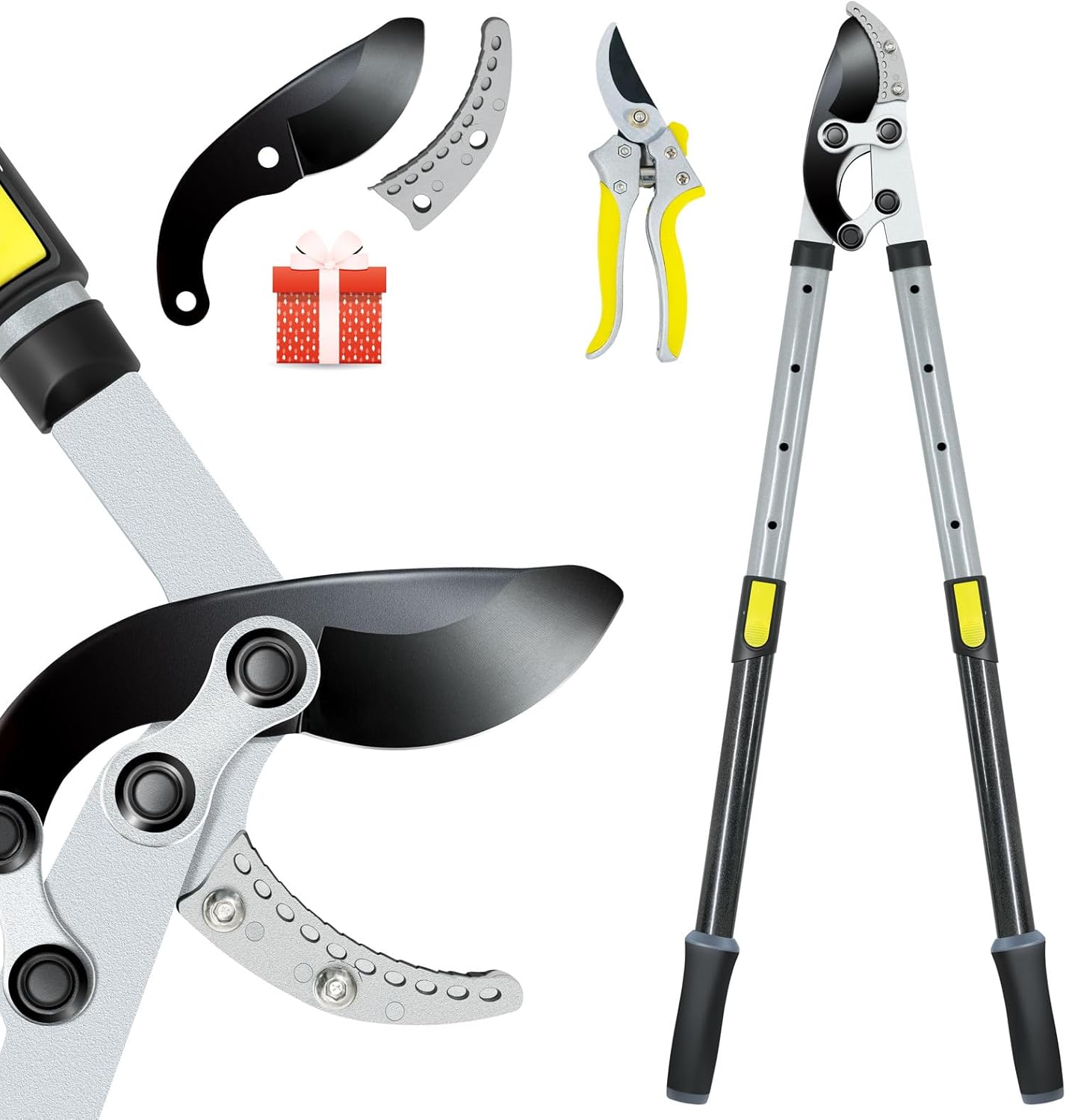 JARDINEER 3PCS Extendable Anvil Loppers Shears Set, Branch Cutters Heavy Duty with 2 Inch Clean Cut Capacity, 28-38.5" Telescopic Tree Trimming Long Handle with SK5 Spare Blade