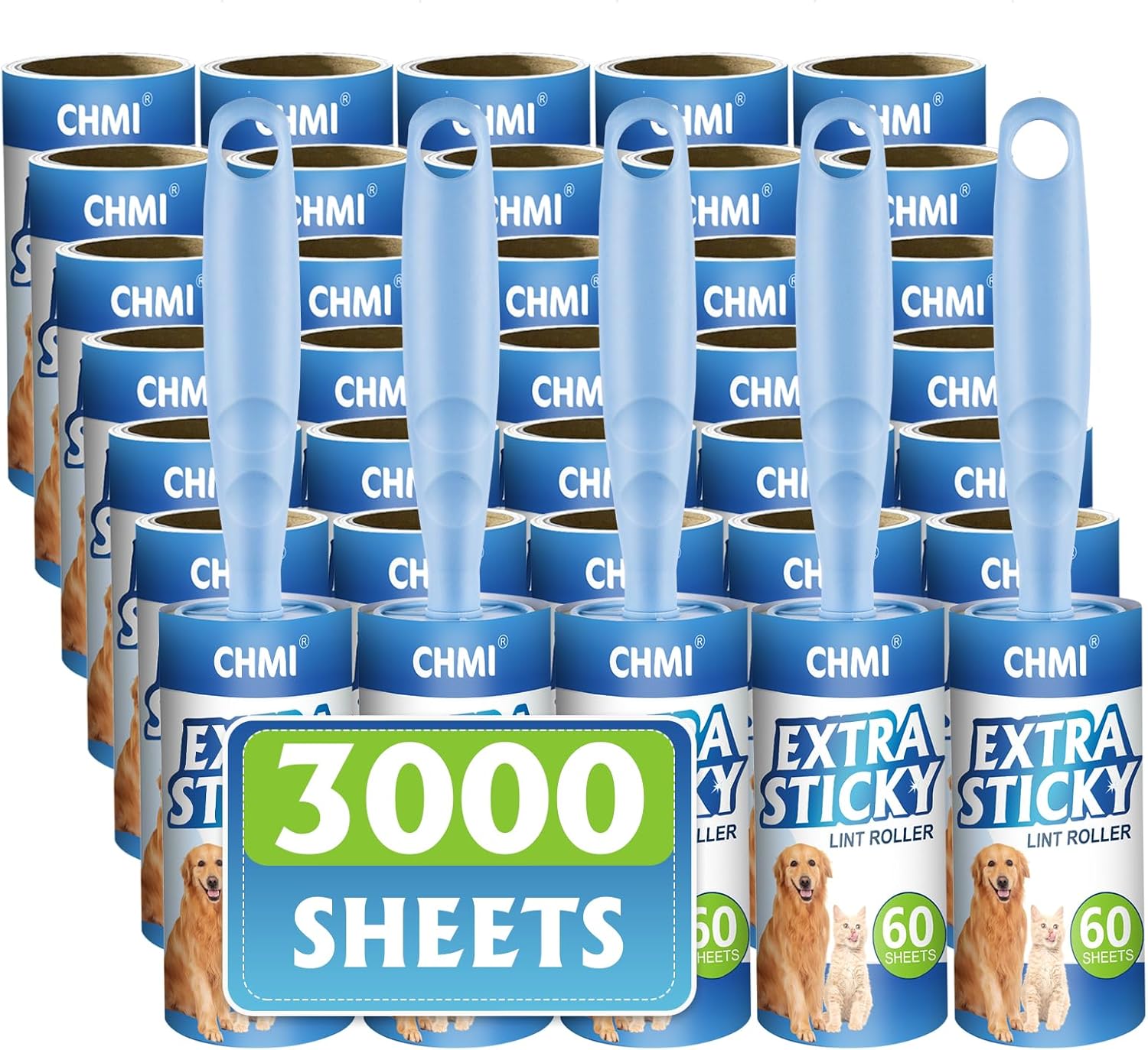 CHMI Extra Sticky Lint Roller, Mega Value Set of 3000 Sheets Lint Roller with 5 Upgraded Handles, Dog and Cat Lint Remover Clothes, Couch, Furniture, Carpet.