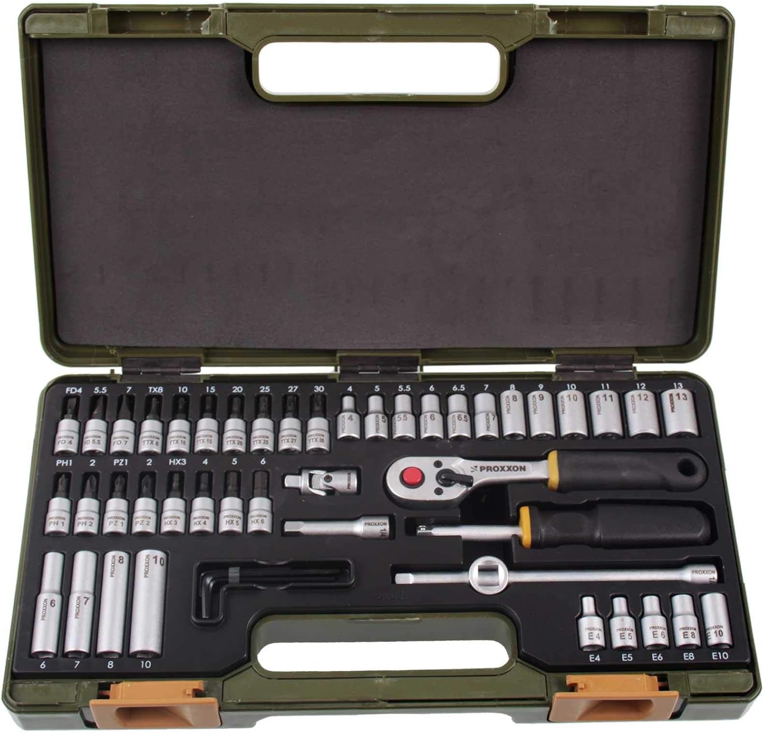 Proxxon 23280 Socket Set, 0 V, Multi-Colour, 1/4-Inch, Set of 49 Piece