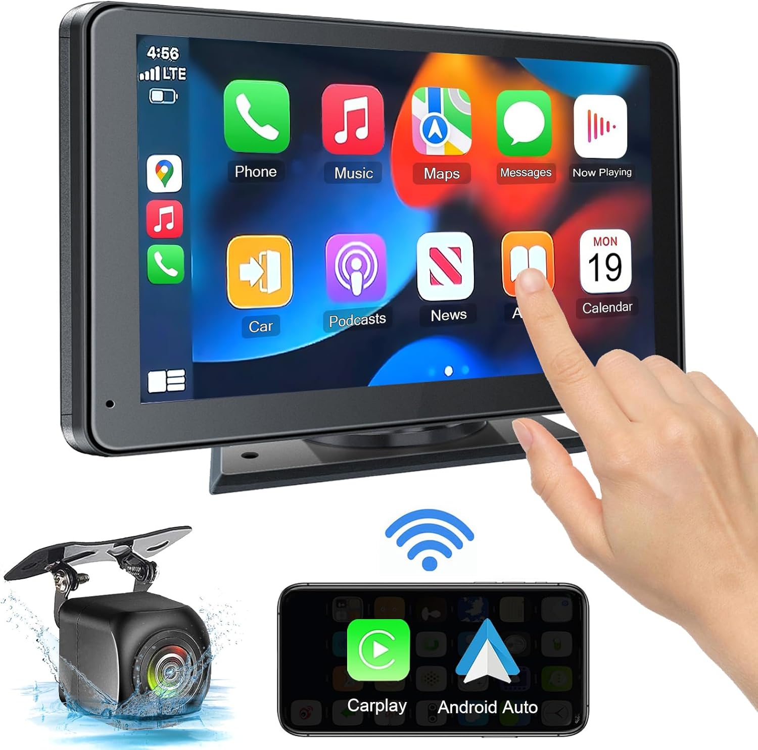 Portable Newest Wireless Apple CarPlay and Android Auto Screen for Car, 7" HD Touch Screen Car Stereo with Mirror Link, Bluetooth 5.2, Backup Camera, AUX,FM Transmitter for All Vehicle