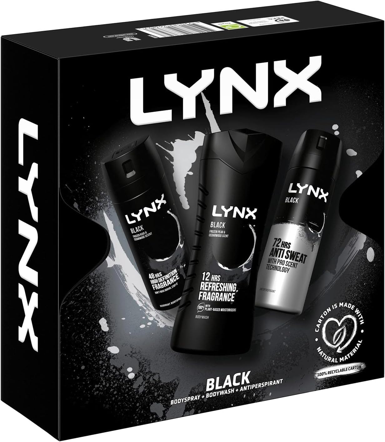 LYNX Black Trio Gift Set For Men Bodyspray 150 ml, Bodywash 225 ml & Antiperspirant 150 ml, Gift For Him, 3.0 count