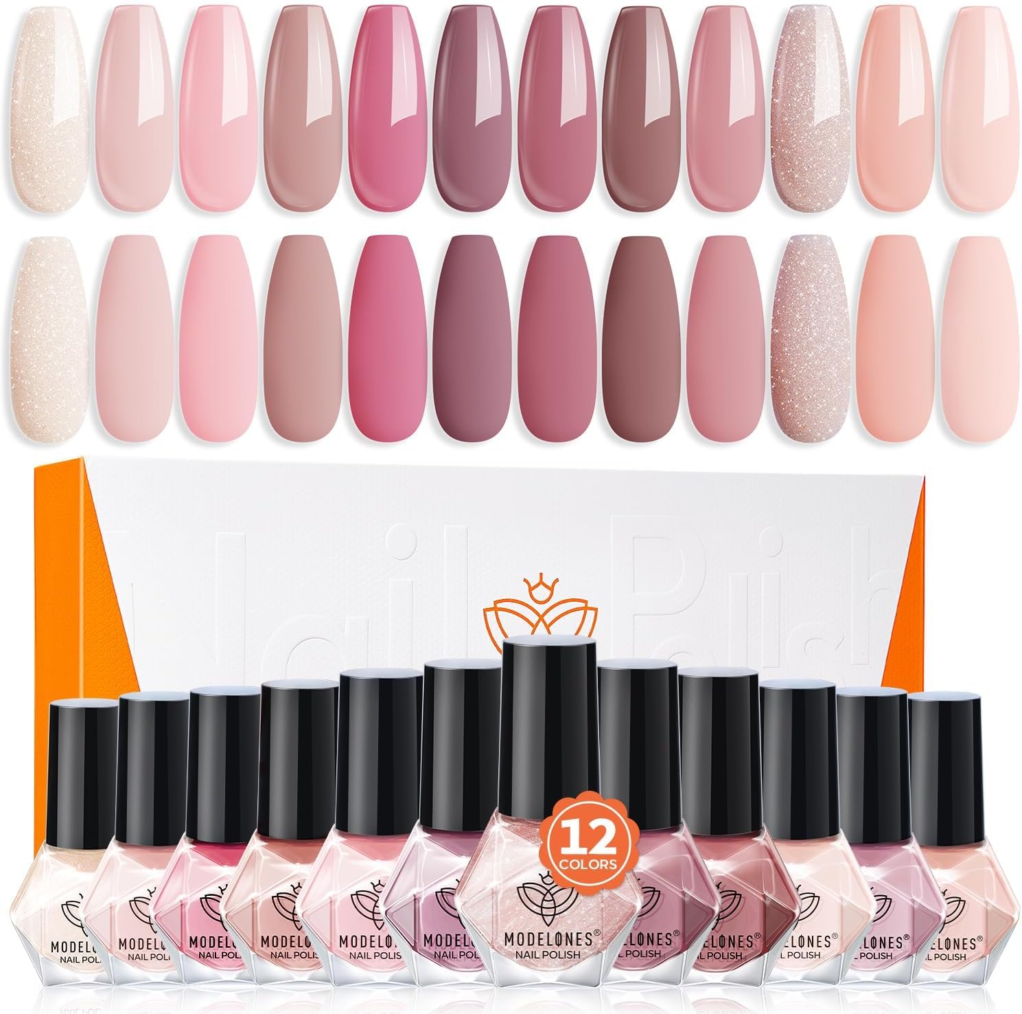 Modelones Nail Polish Set - 12 Colors Nude Pink Quick Dry Neutral Skin Tone Glitter Varnish for Manicure DIY Art Salon Home