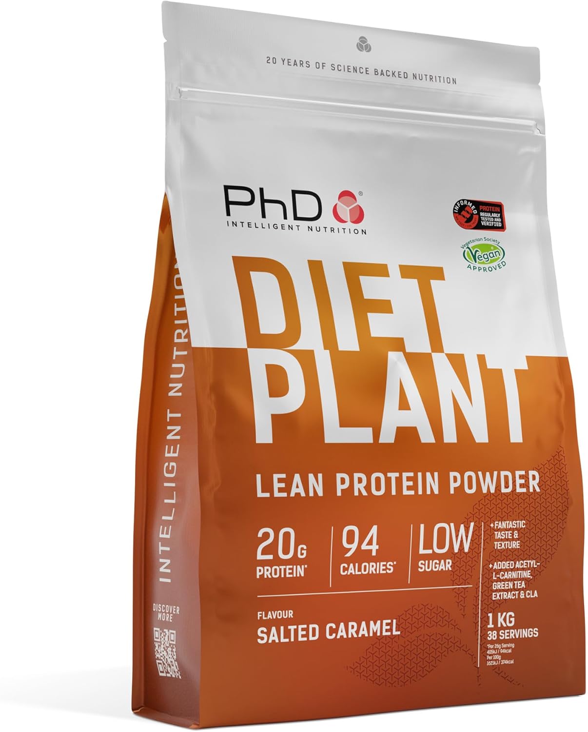 PhD Nutrition Diet Plant, Vegan Protein Powder Plant Based, Salted Caramel, 20g of Plant Protein, 40 Servings Per 1 Kg Bag [Packaging May Vary]