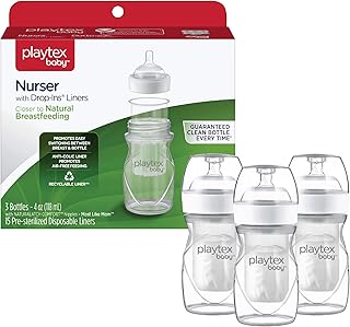 Diaper Genie Playtex Baby Nurser Bottle with Pre-Sterilized Disposable Drop-Ins Liners, Closer to Breastfeeding, 4 Ounce Bottles, 3 Count