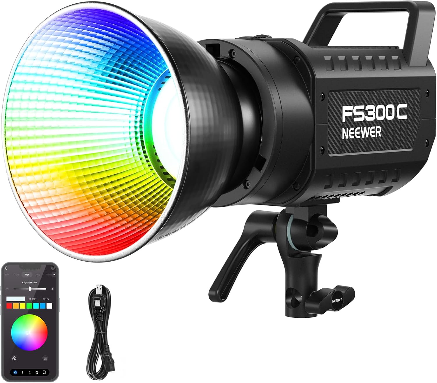 NEEWER 300W RGB LED Video Light APP/2.4G Control 17 Effects, 2500-7500K 29000lux/1m COB Continuous Output Lighting, CRI95+/TLCI97+ 4 Dimming Curves Bowens Mount Spotlight for Studio Shoots, FS300C