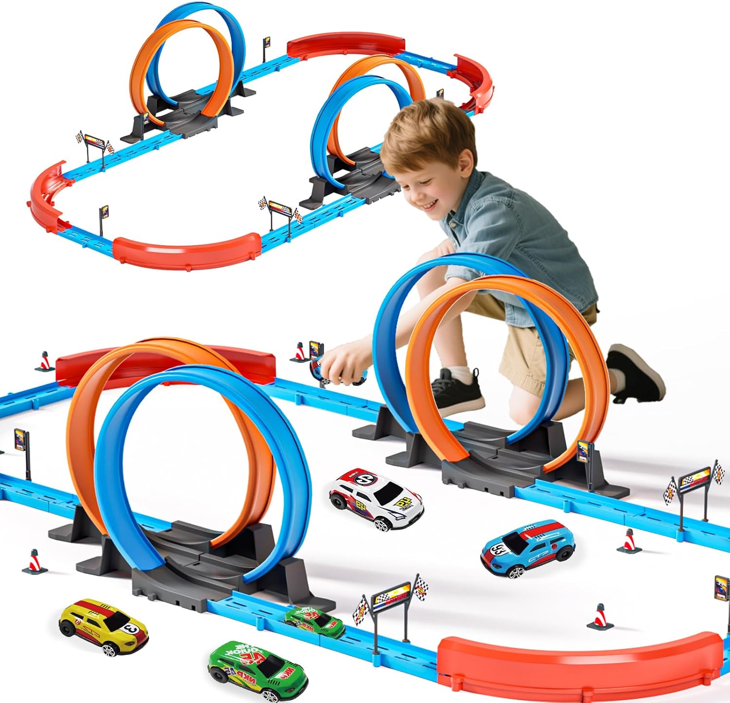 Car Race Track Set for Kids 3 4 5 6 7 8 9 Years Old,Racing Game car Toys,Boys Toy Girls 6-12,72PC DIY 34 ft Track with 4 Small Cars, Gifts for Kids 3-5
