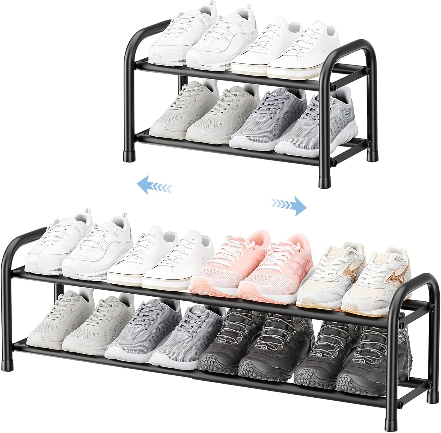 ENJOYBASICS Expandable Shoe Rack, 2 Levels, Adjustable Metal Shoe Storage, 45 to 83 cm, Black Shoe Rack, Space Saving for Hallway, Hallway