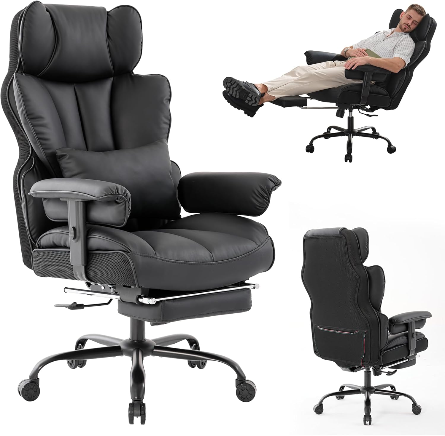 Big and Tall Office Chair 400lbs,PU Leather High Back Gaming Chair with Foot Rest, Reclining Chair Executive Ergonomic Office Chair Lumbar Support Computer Chair Adjustable Armrests (Black)