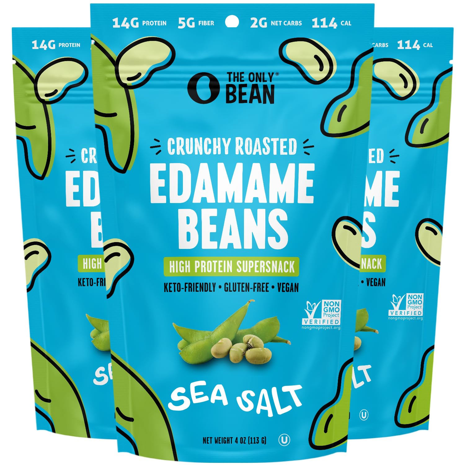 The Only Bean - Crunchy Roasted Edamame Beans (Sea Salt) - Keto Snacks (2g Net) - High Protein Healthy Snacks (14g Protein) - Low Carb, Gluten-Free Snack, Vegan Food - 4 oz (3 Pack)