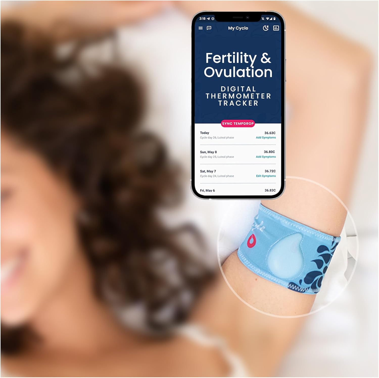 Tempdrop Fertility and Ovulation Digital Thermometer Tracker – Wearable Basal Body Temperature (BBT) Monitoring Sensor and Fertility Charting App Includes Comfortable Armband (S/M – 8.5-15.5 inch)