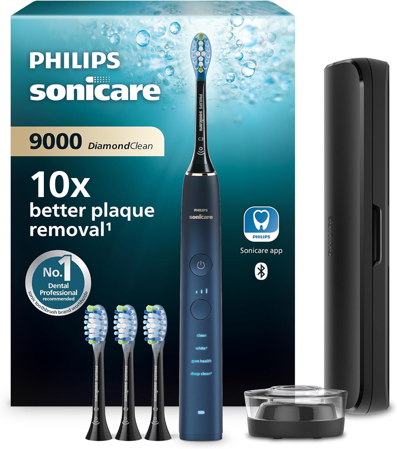 Philips Sonicare DiamondClean 9000 Electric Toothbrush, Special Edition, Sonic Toothbrush with App, Pressure Sensor, 4 Brushing Modes, 3 Intensity Levels, Charging Stand, Aquamarine, Model HX9911/89