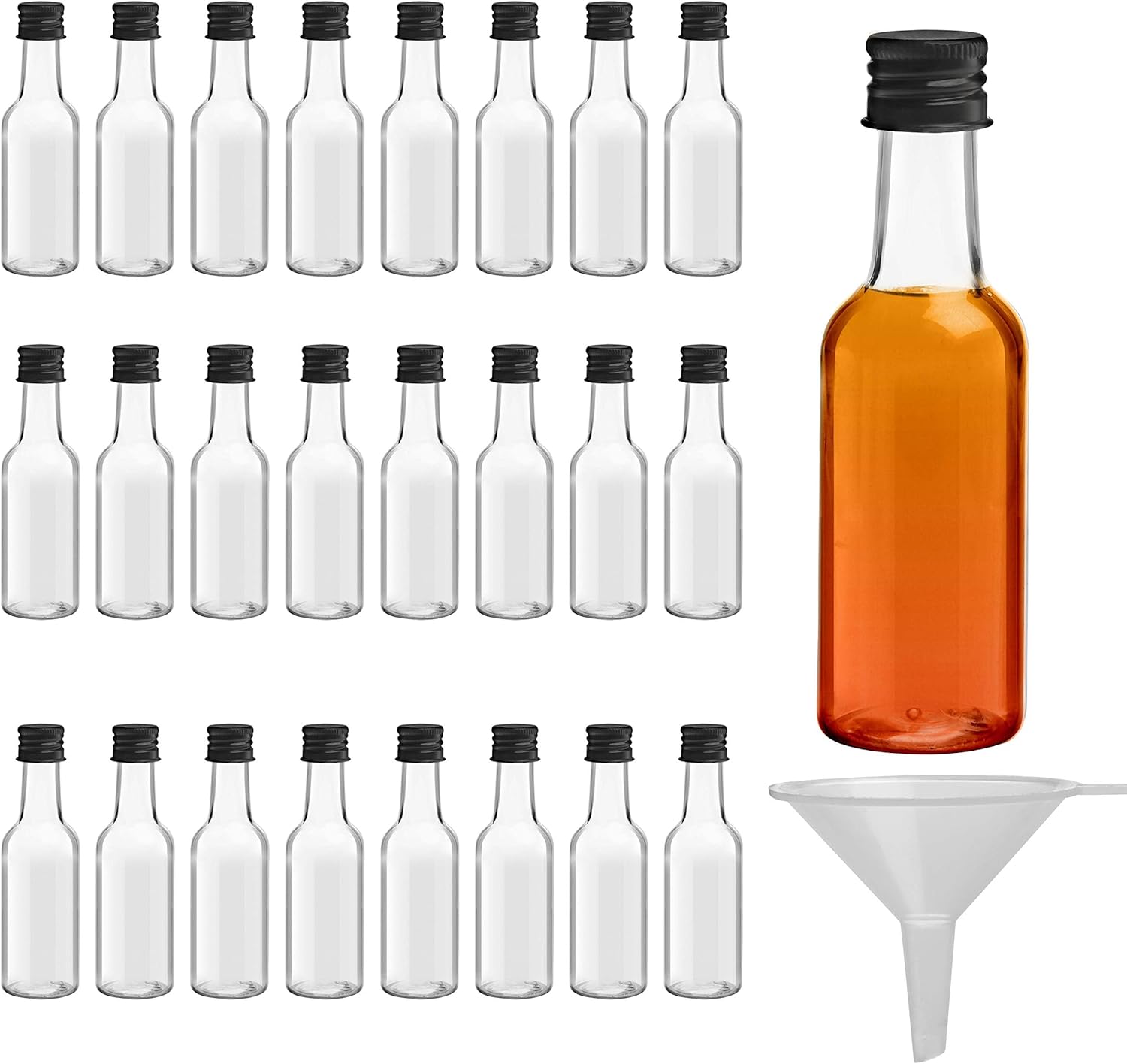 BELLE VOUS Mini Plastic Bottles with Lids (24 Pack) - Empty 50ml Shot Bottles - Small Miniature Bottles for Alcohol, Spirits, Liquor - Funnel Included