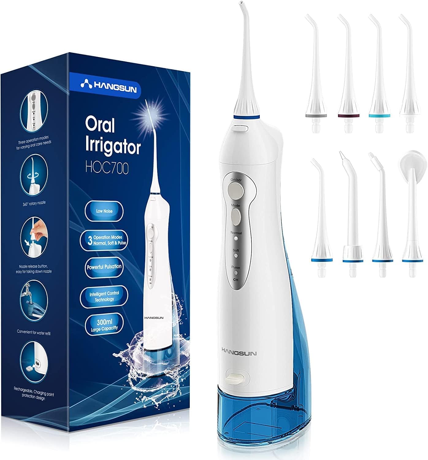 Water Flosser Cordless Oral Irrigator Rechargeable Dental Water Jet HOC700 for Teeth Braces with 300ML Water Tank and 4 Jet Tips for Travel & Home Use